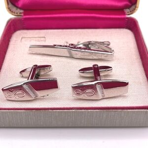 Foster Signed Vintage Men's Cuff Links and Tie Bar Silver Tone Set in Box